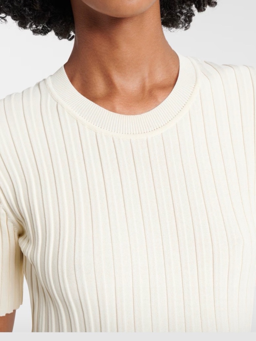Helmut Lang Cream Wool Ribbed Crewneck Short Sleeve Top